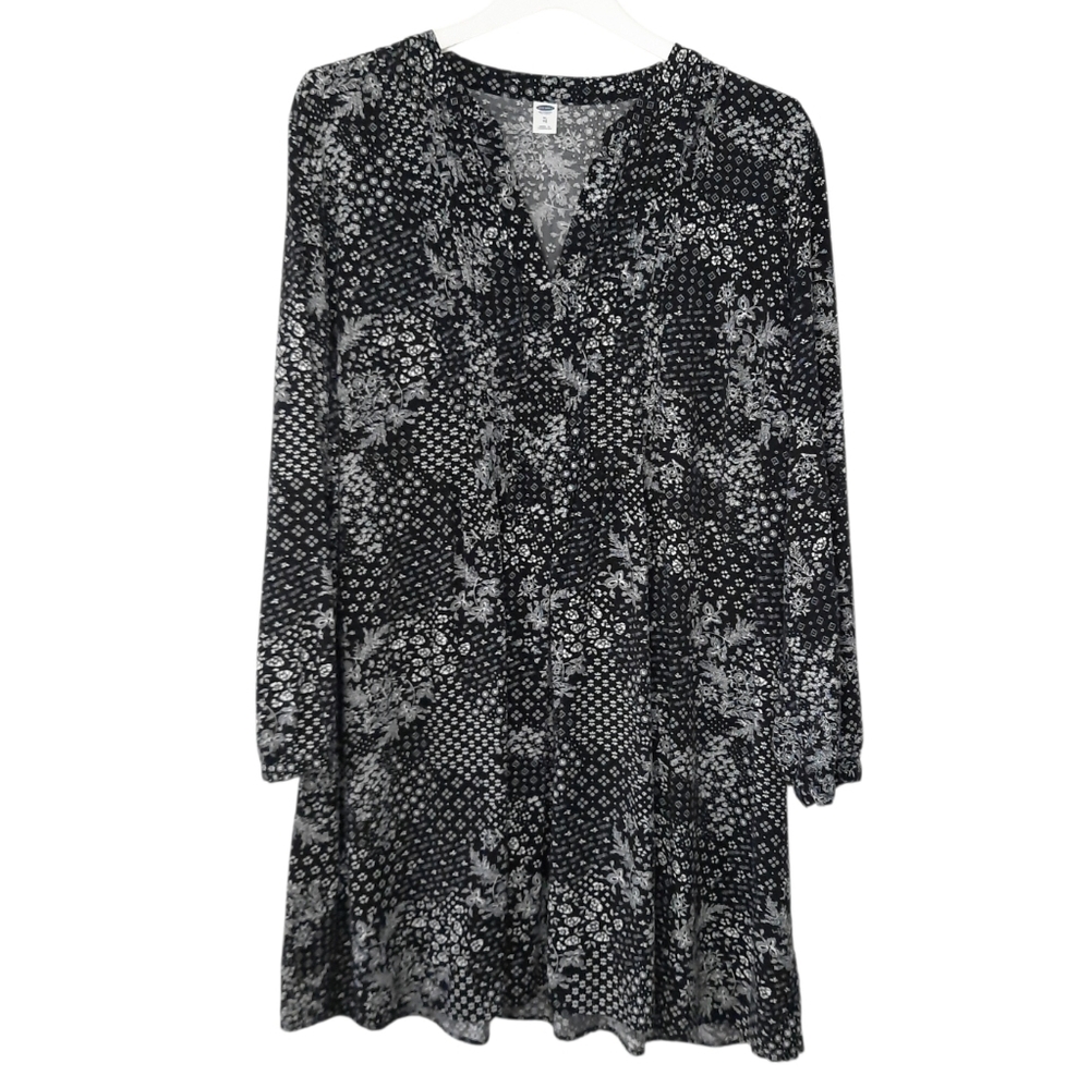 Old Navy Black White Floral Shift Dress Long Sleeve Popover Womens Size XL